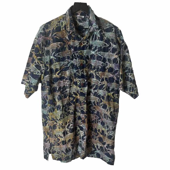 Rum Reggae‎ Shirt Mens XL Batik Blue Fish Print Hawaiian Short Sleeve Travel - Picture 1 of 10